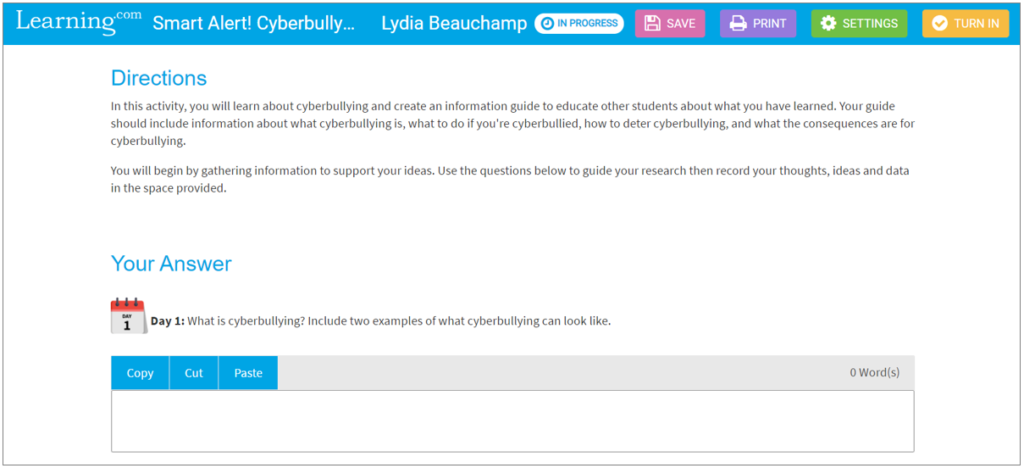 Example of an Application Exercise assignment from student perspective