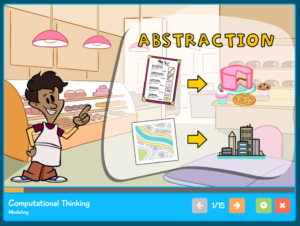 Computational Thinking lesson scene, explaining 'Abstractions'